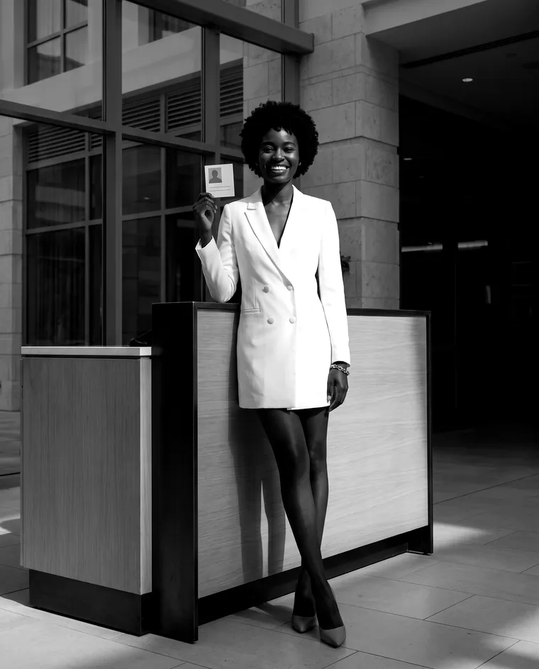 Black-and-white generated image: the guide's character stands by a guest services desk of wood and metal, holding up a plain card.